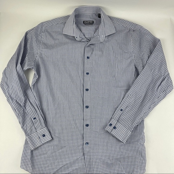 Unlisted Kenneth Cole Button Down Shirt Mens Medium 15-15.5 34-35 Blue Plaid - Picture 1 of 9